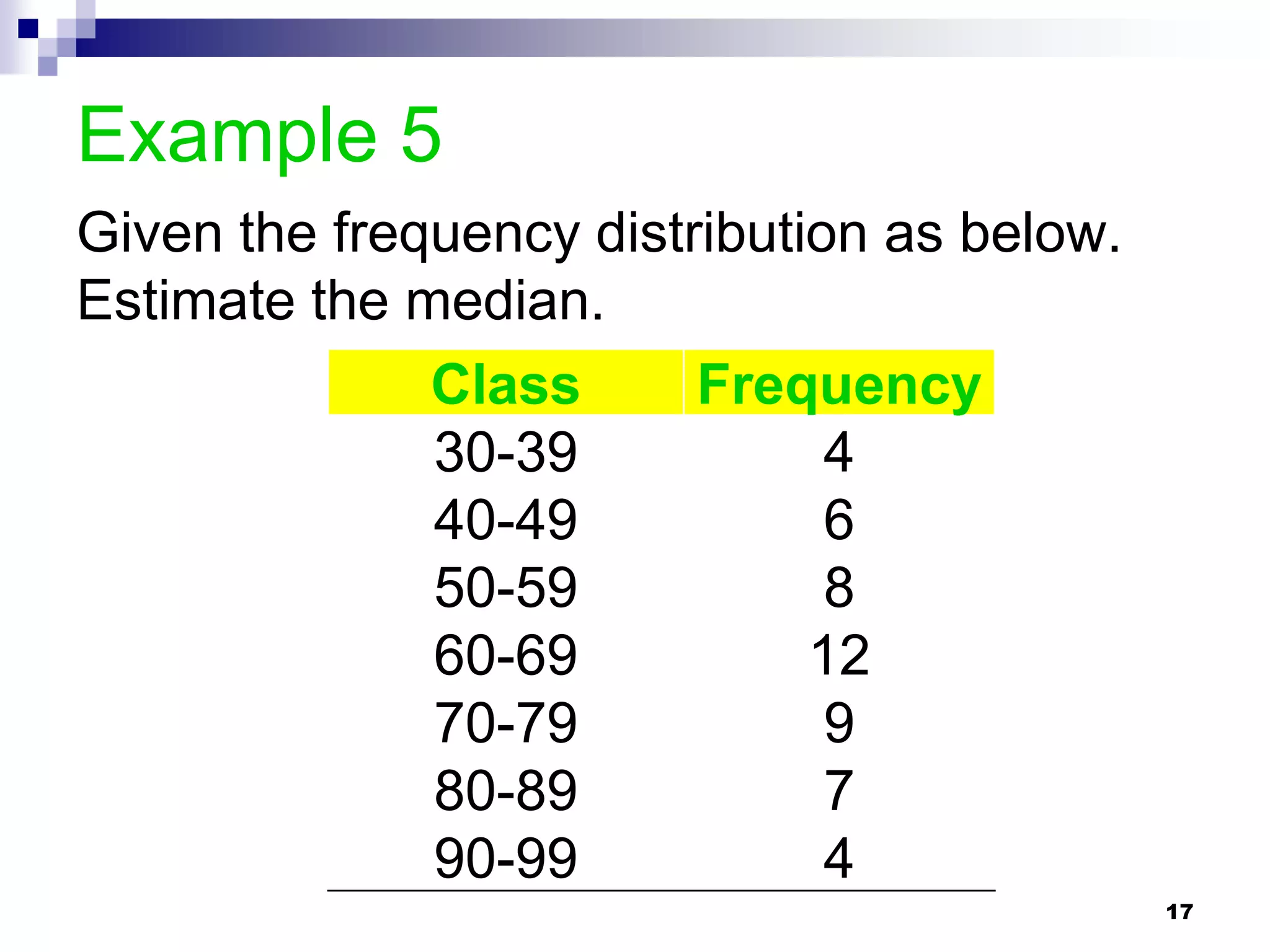 Example 5
Given the frequency distribution as below.
Estimate the median.
              Class      Frequency
              30-39            4
              40-49            6
              50-59            8
              60-69           12
              70-79            9
              80-89            7
              90-99            4
                                             17
 