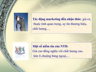 Tác động marketing đến nhận thức : giá cả, thuộc tính quan trọng, uy tín thương hiệu,  chất lượng,… Một số niềm tin của NTD: Giá cao đồng nghĩa với chất lượng cao, tâm lí chuộng hàng ngoại,… 
