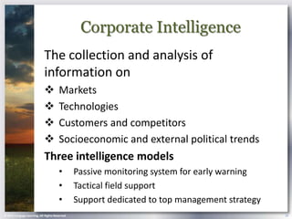 Corporate Intelligence
                            The collection and analysis of
                            information on
                                      Markets
                                      Technologies
                                      Customers and competitors
                                      Socioeconomic and external political trends
                            Three intelligence models
                                       •        Passive monitoring system for early warning
                                       •        Tactical field support
                                       •        Support dedicated to top management strategy
© 2013 Cengage Learning. All Rights Reserved.                                                  14
 