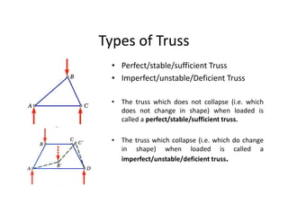 Types of Truss
  • Perfect/stable/sufficient Truss
  • Imperfect/unstable/Deficient Truss

  • The truss which does not collapse (i.e. which
    does not change in shape) when loaded is
    called a perfect/stable/sufficient truss.

  • The truss which collapse (i.e. which do change
    in shape) when loaded is called a
    imperfect/unstable/deficient truss.
 