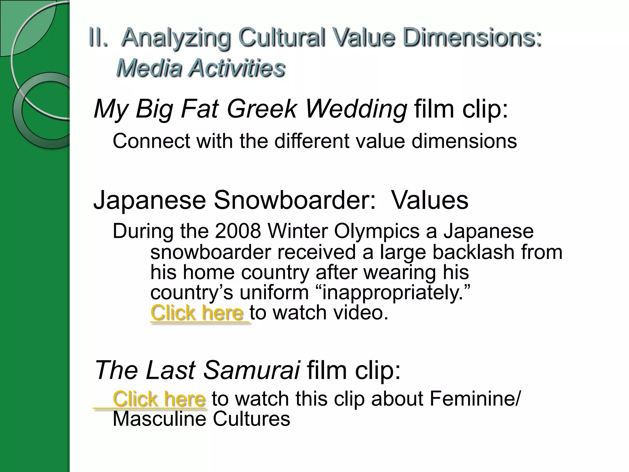 II. Analyzing Cultural Value Dimensions:
    Media Activities
My Big Fat Greek Wedding film clip:
  Connect with the different value dimensions

Japanese Snowboarder: Values
  During the 2008 Winter Olympics a Japanese
      snowboarder received a large backlash from
      his home country after wearing his
      country’s uniform “inappropriately.”
      Click here to watch video.

The Last Samurai film clip:
  Click here to watch this clip about Feminine/
  Masculine Cultures
 