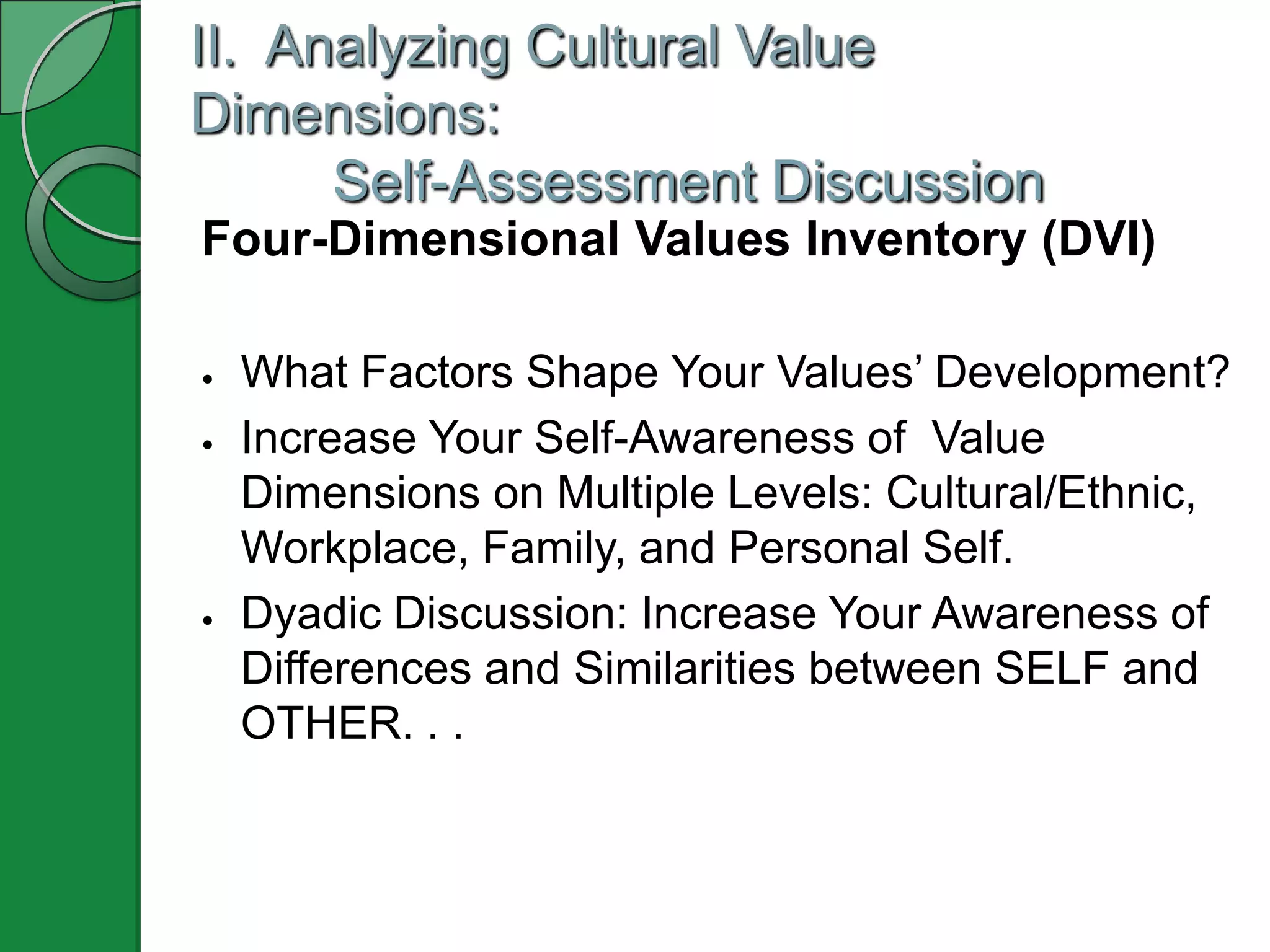 II. Analyzing Cultural Value
Dimensions:
      Self-Assessment Discussion
Four-Dimensional Values Inventory (DVI)

   What Factors Shape Your Values’ Development?
   Increase Your Self-Awareness of Value
    Dimensions on Multiple Levels: Cultural/Ethnic,
    Workplace, Family, and Personal Self.
   Dyadic Discussion: Increase Your Awareness of
    Differences and Similarities between SELF and
    OTHER. . .
 