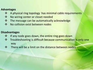 Advantages
   A physical ring topology has minimal cable requirements
   No wiring center or closet needed
   The message can be automatically acknowledge
   No collision exist between nodes

Disadvantages
    If any node goes down, the entire ring goes down
    Troubleshooting is difficult because communication is only one
       way
    There will be a limit on the distance between nodes
 