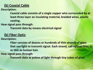 (b) Coaxial Cable
Description:
       Coaxial cable consists of a single copper wire surrounded by at
       least three layer an insulating material, braided wires, plastic
       coating.
How signal pass through:
       Transmit data by means electrical signal

  (b) Fiber Optic
Description:
       Fiber consists of dozens or hundreds of thin strands of glass
       that use light to transmit signal. Each strand, call optical fiber, is
       as thin as human hair.
How signal pass through:
       Transmit data as pulses of light through tiny tubes of glass
 
