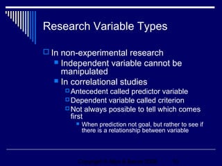 Research Variable Types

 In non-experimental research
   Independent variable cannot be
    manipulated
   In correlational studies
       Antecedent called predictor variable
       Dependent variable called criterion
       Not always possible to tell which comes
        first
            When prediction not goal, but rather to see if
             there is a relationship between variable




         Copyright © Allyn & Bacon 2006        10
 