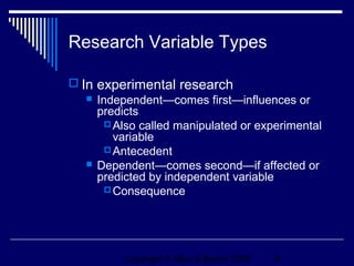 Research Variable Types

 In experimental research
    Independent—comes first—influences or
     predicts
        Also called manipulated or experimental
         variable
        Antecedent
    Dependent—comes second—if affected or
     predicted by independent variable
        Consequence




          Copyright © Allyn & Bacon 2006   9
 