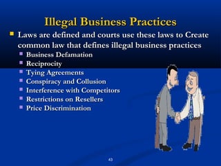 Illegal Business Practices
   Laws are defined and courts use these laws to Create
    common law that defines illegal business practices
       Business Defamation
       Reciprocity
       Tying Agreements
       Conspiracy and Collusion
       Interference with Competitors
       Restrictions on Resellers
       Price Discrimination




                                 43
 
