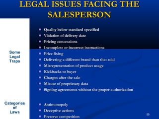 LEGAL ISSUES FACING THE
            SALESPERSON
                Quality below standard specified
                Violation of delivery date
                Pricing concessions
                Incomplete or incorrect instructions
  Some          Price fixing
  Legal
  Traps         Delivering a different brand than that sold
                Misrepresentation of product usage
                Kickbacks to buyer
                Charges after the sale
                Misuse of proprietary data
                Signing agreements without the proper authorization


Categories      Antimonopoly
    of
  Laws          Deceptive actions
                                                                       55
                Preserve competition
 