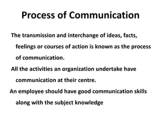 Process of Communication
The transmission and interchange of ideas, facts,
  feelings or courses of action is known as the process
  of communication.
All the activities an organization undertake have
  communication at their centre.
An employee should have good communication skills
  along with the subject knowledge
 
