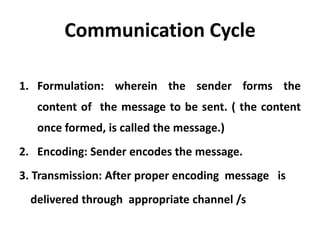 Communication Cycle

1. Formulation: wherein the sender forms the
   content of the message to be sent. ( the content
   once formed, is called the message.)
2. Encoding: Sender encodes the message.
3. Transmission: After proper encoding message is
  delivered through appropriate channel /s
 