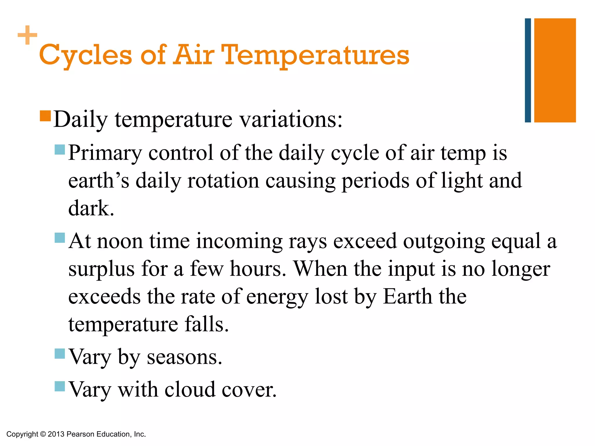 +
   Cycles of Air Temperatures
         Daily               temperature variations:
              Primary  control of the daily cycle of air temp is
               earth’s daily rotation causing periods of light and
               dark.
              At noon time incoming rays exceed outgoing equal a
               surplus for a few hours. When the input is no longer
               exceeds the rate of energy lost by Earth the
               temperature falls.
              Vary by seasons.
              Vary with cloud cover.

Copyright © 2013 Pearson Education, Inc.
 