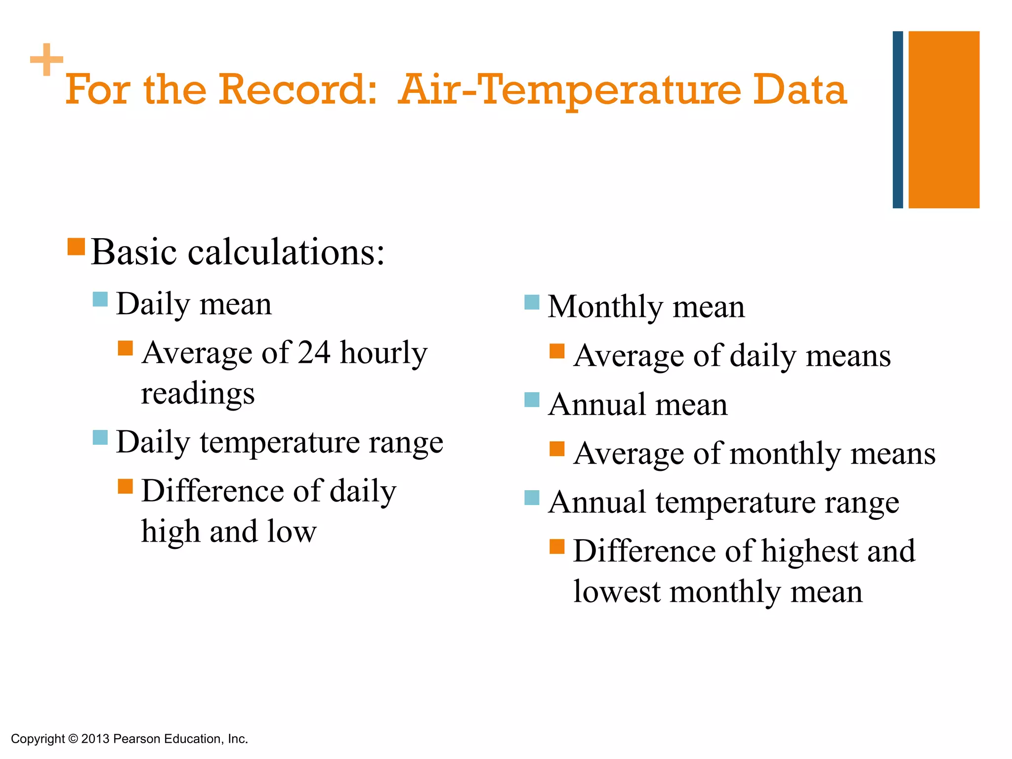 +
         For the Record: Air-Temperature Data


          Basic             calculations:
              Daily mean                     Monthly  mean
                Average of 24 hourly           Average of daily means
                 readings                     Annual mean
              Daily temperature range          Average of monthly means
                Difference of daily          Annual temperature range
                 high and low                   Difference of highest and
                                                 lowest monthly mean



Copyright © 2013 Pearson Education, Inc.
 