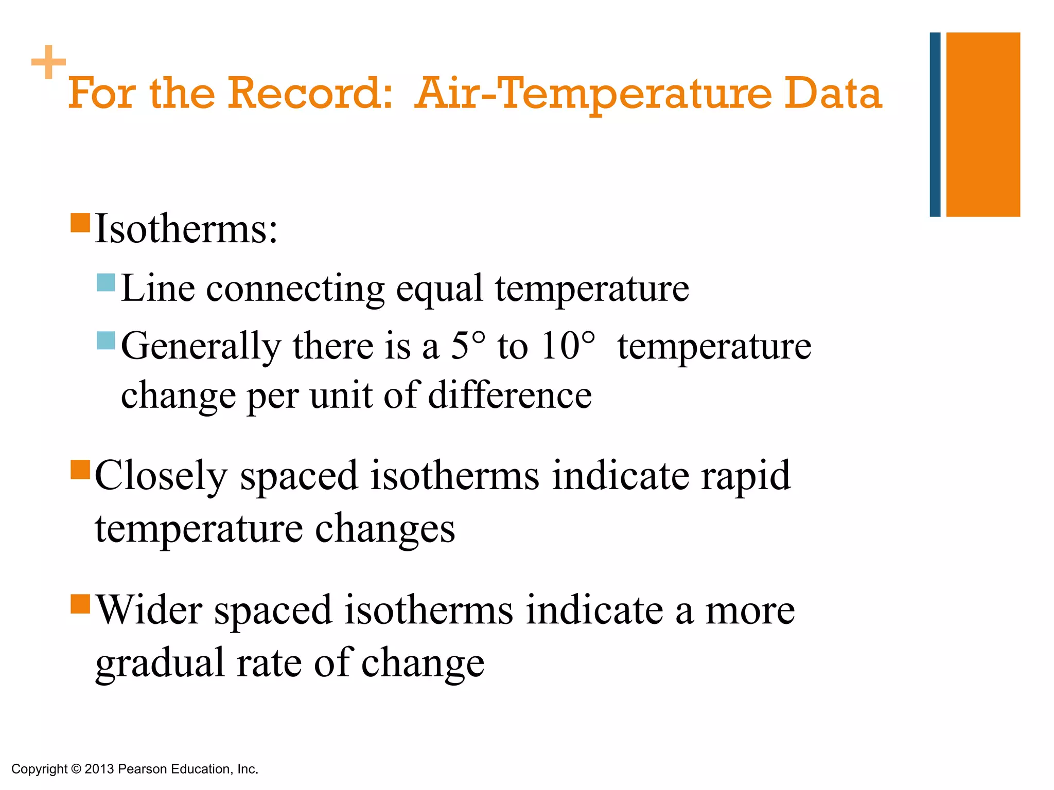 +
         For the Record: Air-Temperature Data

         Isotherms:
              Lineconnecting equal temperature
              Generally there is a 5° to 10° temperature
               change per unit of difference
         Closely   spaced isotherms indicate rapid
             temperature changes
         Wider    spaced isotherms indicate a more
             gradual rate of change

Copyright © 2013 Pearson Education, Inc.
 