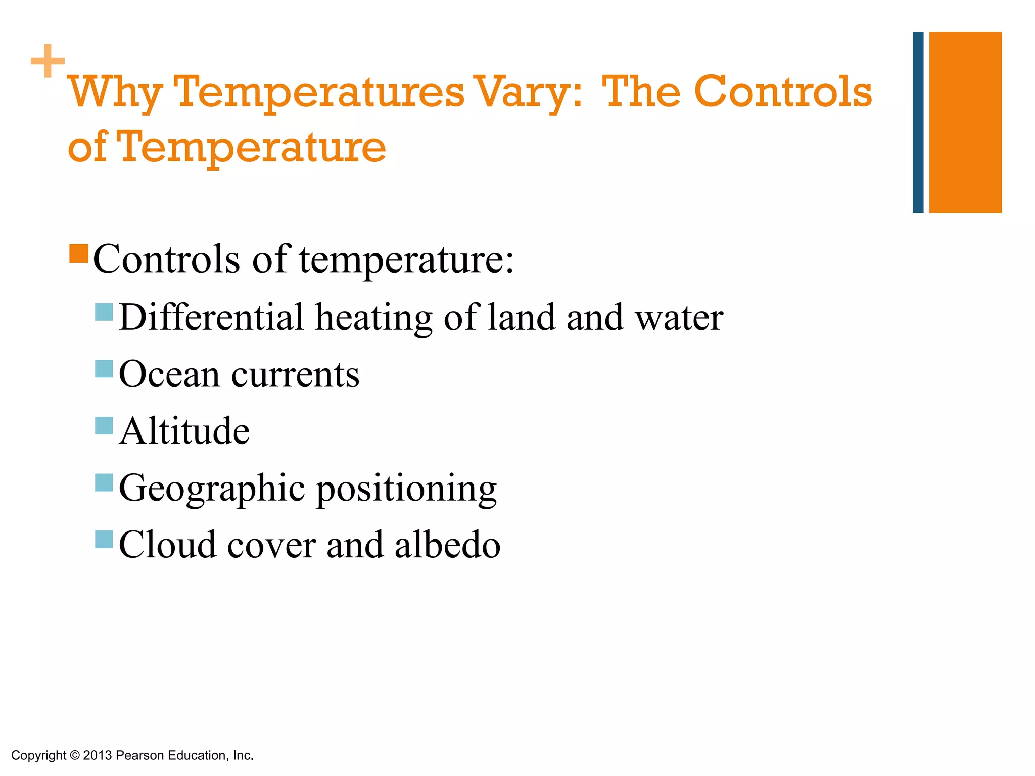 +
         Why Temperatures Vary: The Controls
         of Temperature

         Controls                     of temperature:
              Differential
                          heating of land and water
              Ocean currents
              Altitude
              Geographic positioning
              Cloud cover and albedo




Copyright © 2013 Pearson Education, Inc.
 