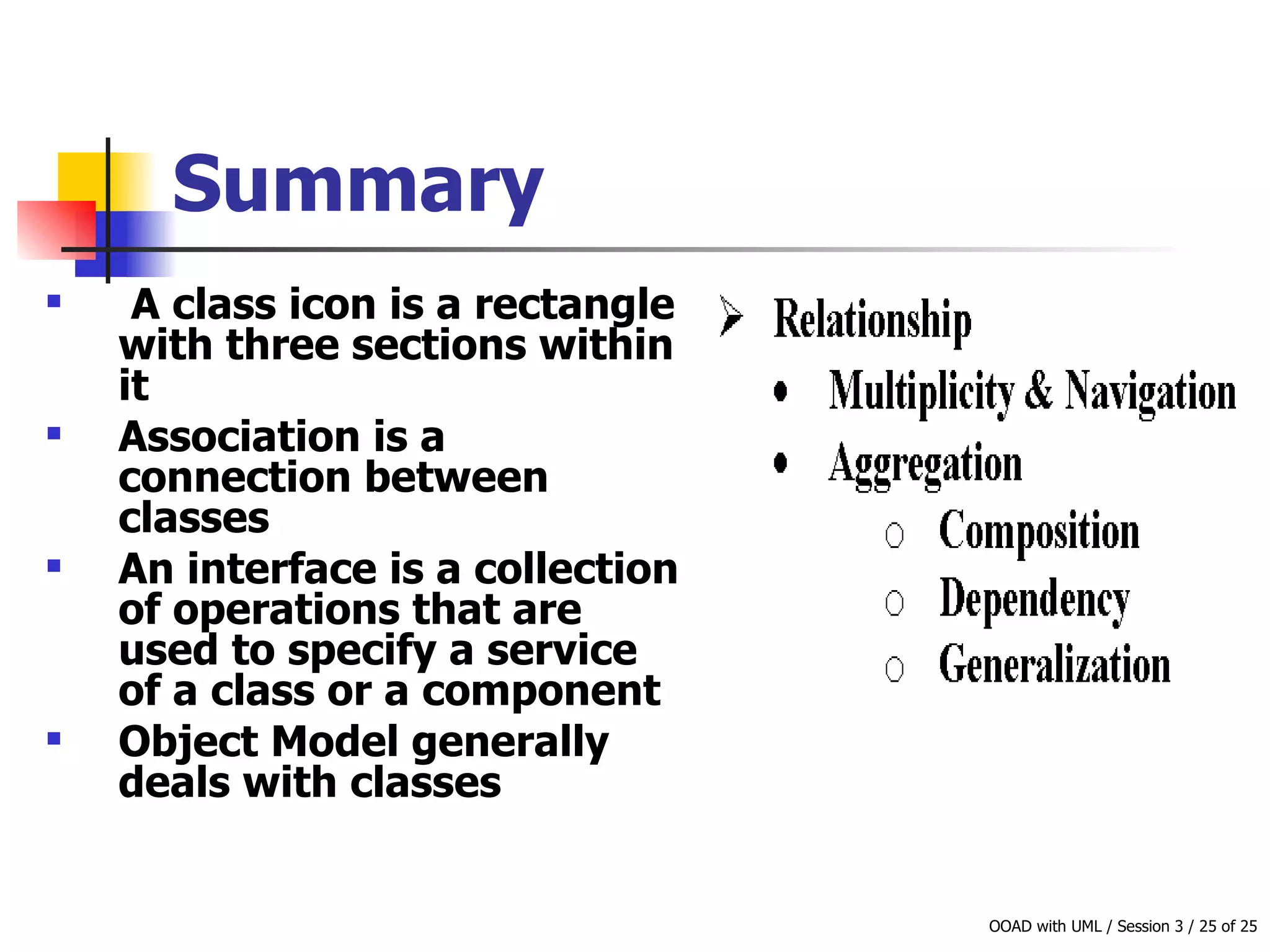 Summary A class icon is a rectangle with three sections within it Association is a connection between classes An interface is a collection of operations that are used to specify a service of a class or a component Object Model generally deals with classes  