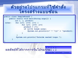 ตัว อย่า งโปรแกรมที่ใ ช้ค ำา สั่ง
           โครงสร้า งแบบซ้อ น
public class SampleBreak2 {
 public class SampleBreak2 {
     public static void main(String args[]) {
      public static void main(String args[]) {
           int i, j, product;
            int i, j, product;
 outer:
  outer:   for (i=1; i<=3; i++) {
            for (i=1; i<=3; i++) {
                  for (j=1; j<=3; j++)
                   for (j=1; j<=3; j++)
                     product = i*j;
                      product = i*j;
                     if (j==3) break outer;
                      if (j==3) break outer;
                         System.out.println(i+" * "+j+" = "+product);
                          System.out.println(i+" * "+j+" = "+product);
                  }}
             }}
            System.out.println("Outside nested loops.");
             System.out.println("Outside nested loops.");
        }}
}}


                               1 * 1 = 1
 ผลลัพ ธ์ท ไ ด้จ ากการรัน โปรแกรม 2 = 2
           ี่                  1 *
                               Outside nested loops.
 