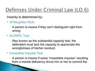 Insanity is determined by:
   M’Naughten Rule
    ◦ A person is insane if they can’t distinguish right from
      wrong
   ALI/MPC Test
    ◦ Also known as the substantial capacity test, the
      defendant must lack the capacity to appreciate the
      wrongfulness of his/her conduct.
   Irresistible Impulse Test
    ◦ A person is insane if some “irresistible impulse” resulting
      from a mental deficiency drove him or her to commit the
      crime
 