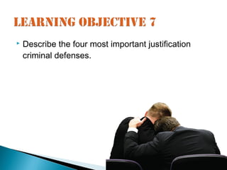    Describe the four most important justification
    criminal defenses.
 