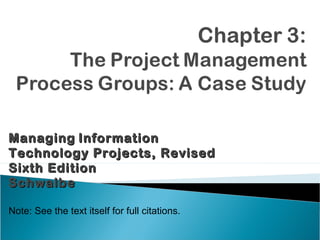 Managing Information
Technology Projects, Revised
Sixth Edition
Schwalbe

Note: See the text itself for full citations.
 