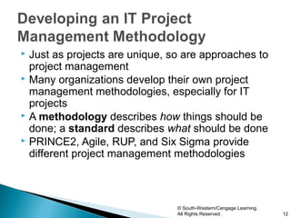  Just as projects are unique, so are approaches to
  project management
 Many organizations develop their own project
  management methodologies, especially for IT
  projects
 A methodology describes how things should be
  done; a standard describes what should be done
 PRINCE2, Agile, RUP, and Six Sigma provide
  different project management methodologies



                                © South-Western/Cengage Learning.
                                All Rights Reserved.                12
 