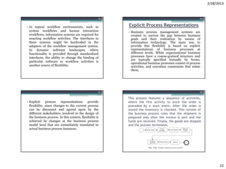 2/28/2013


                                                      85                                                     86



• In typical workflow environments, such as                Explicit Process Representations
  system workflows and human interaction                   • Business process management systems are
  workflows, information systems are required for            created to narrow the gap between business
  enacting workflow activities. The interfaces to            goals and their realization by means of
  these systems might be hardcoded in the                    information technology. The main way to
  adapters of the workflow management system.                provide this flexibility is based on explicit
  In dynamic software landscapes, where                      representations of business processes at
  functionality is provided through standardized             different levels. While organizational business
  interfaces, the ability to change the binding of           processes have a coarse-grained structure and
                                                             are typically specified textually by forms,
  particular software to workflow activities is
                                                             operational business processes consist of process
  another source of flexibility.                             activities, and execution constraints that relate
                                                             them.




                                                      87                                                     88


                                                           This process features a sequence of activities,
• Explicit     process   representations      provide      where the first activity to store the order is
  flexibility, since changes to the current process        preceded by a start event. After the order is
  can be discussed and agreed upon by the                  stored the inventory is checked. This version of
  different stakeholders involved in the design of         the business process rules that the shipment is
  the business process. In this context, flexibility is    prepared only after the invoice is sent and the
  achieved by changes at the business process              funds are received. Finally, the goods are shipped
  model level that are immediately translated to           and the process terminates.
  actual business process instances.




                                                                                                                        22
 