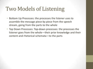Two Models of Listening
• Bottom Up Processes: the processes the listener uses to
  assemble the message piece-by piece from the speech
  stream, going from the parts to the whole
• Top Down Processes: Top-down processes: the processes the
  listener goes from the whole—their prior knowledge and their
  content and rhetorical schemata—to the parts
 