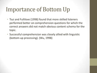 Importance of Bottom Up
• Tsui and Fullilove (1998) found that more skilled listeners
  performed better on comprehension questions for which the
  correct answers did not match obvious content schema for the
  topic.
• Successful comprehension was closely allied with linguistic
  (bottom-up processing). (Wu, 1998)
 