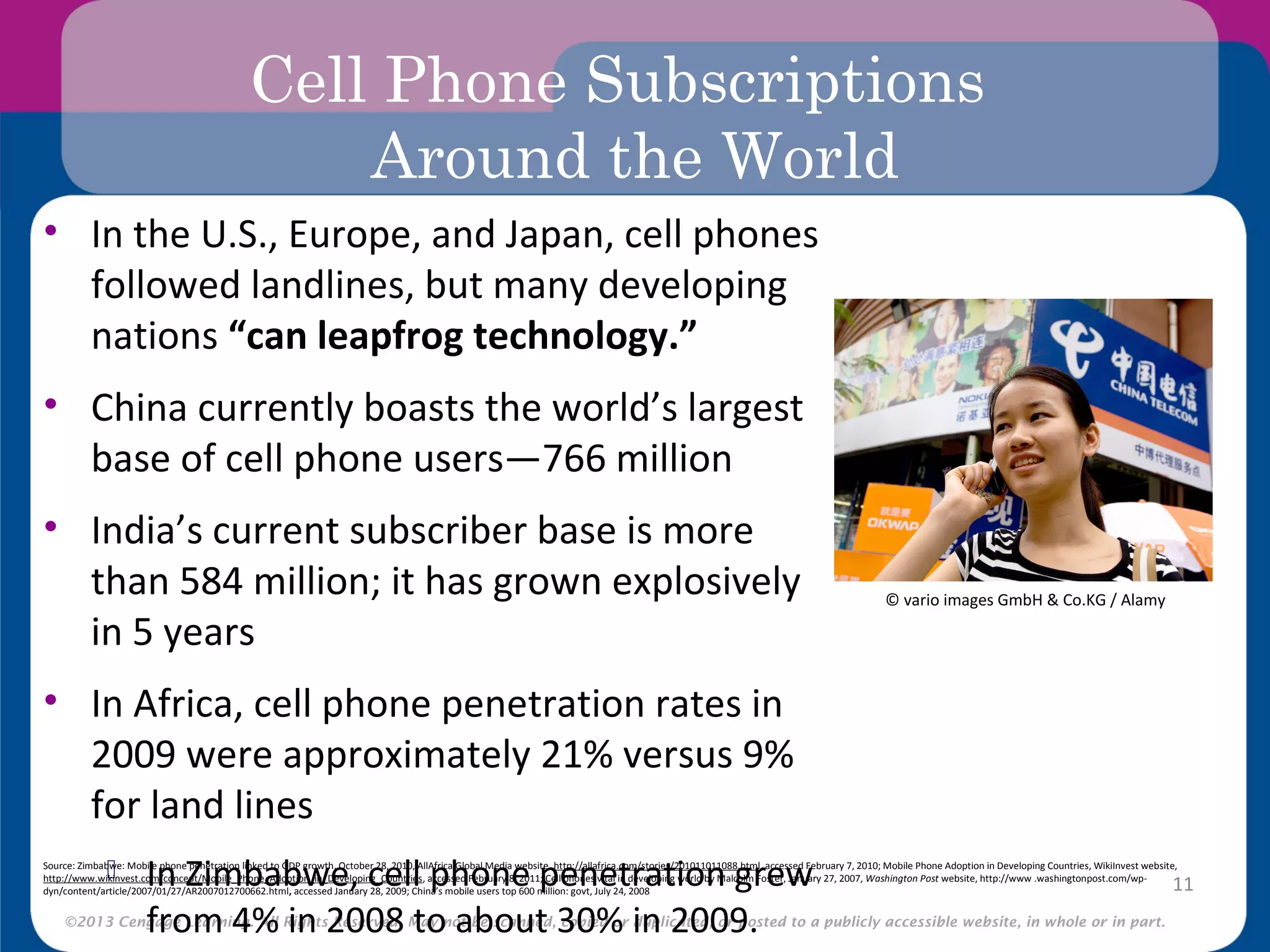 ©2013 Cengage Learning. All Rights Reserved. May not be scanned, copied or duplicated, or posted to a publicly accessible website, in whole or in part.
Cell Phone Subscriptions
Around the World
• In the U.S., Europe, and Japan, cell phones
followed landlines, but many developing
nations “can leapfrog technology.”
• China currently boasts the world’s largest
base of cell phone users—766 million
• India’s current subscriber base is more
than 584 million; it has grown explosively
in 5 years
• In Africa, cell phone penetration rates in
2009 were approximately 21% versus 9%
for land lines
 In Zimbabwe, cell phone penetration grew
from 4% in 2008 to about 30% in 2009.
11
Source: Zimbabwe: Mobile phone penetration linked to GDP growth, October 28, 2010, AllAfrica Global Media website, http://allafrica.com/stories/201011011088.html, accessed February 7, 2010; Mobile Phone Adoption in Developing Countries, WikiInvest website,
http://www.wikinvest.com/concept/Mobile_Phone_Adoption_in_Developing_Countries, accessed February 8, 2011; Cell phones vital in developing world by Malcolm Foster, January 27, 2007, Washington Post website, http://www .washingtonpost.com/wp-
dyn/content/article/2007/01/27/AR2007012700662.html, accessed January 28, 2009; China’s mobile users top 600 million: govt, July 24, 2008
© vario images GmbH & Co.KG / Alamy
 