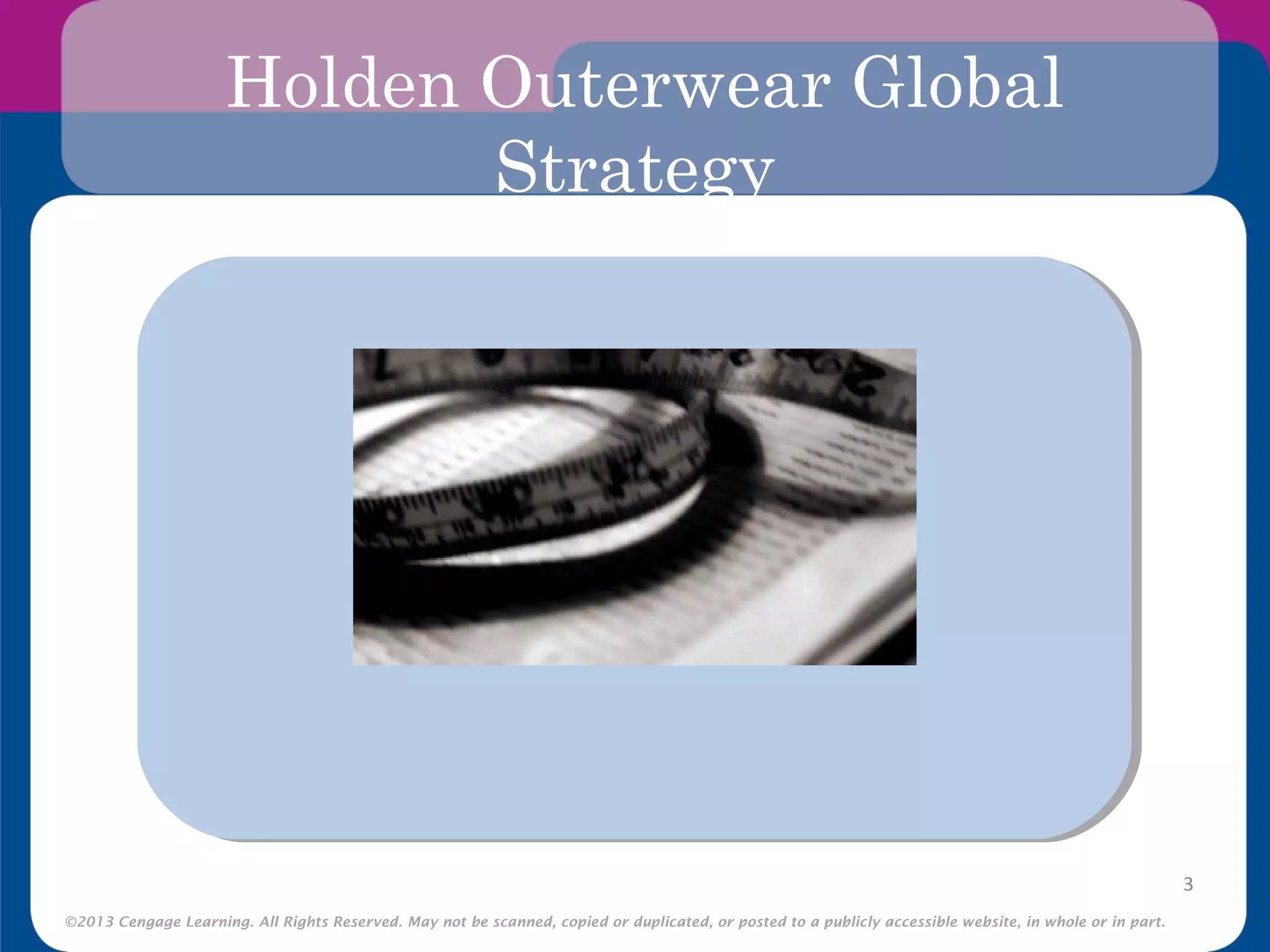 ©2013 Cengage Learning. All Rights Reserved. May not be scanned, copied or duplicated, or posted to a publicly accessible website, in whole or in part.
Holden Outerwear Global
Strategy
Video HereVideo Here
3
 