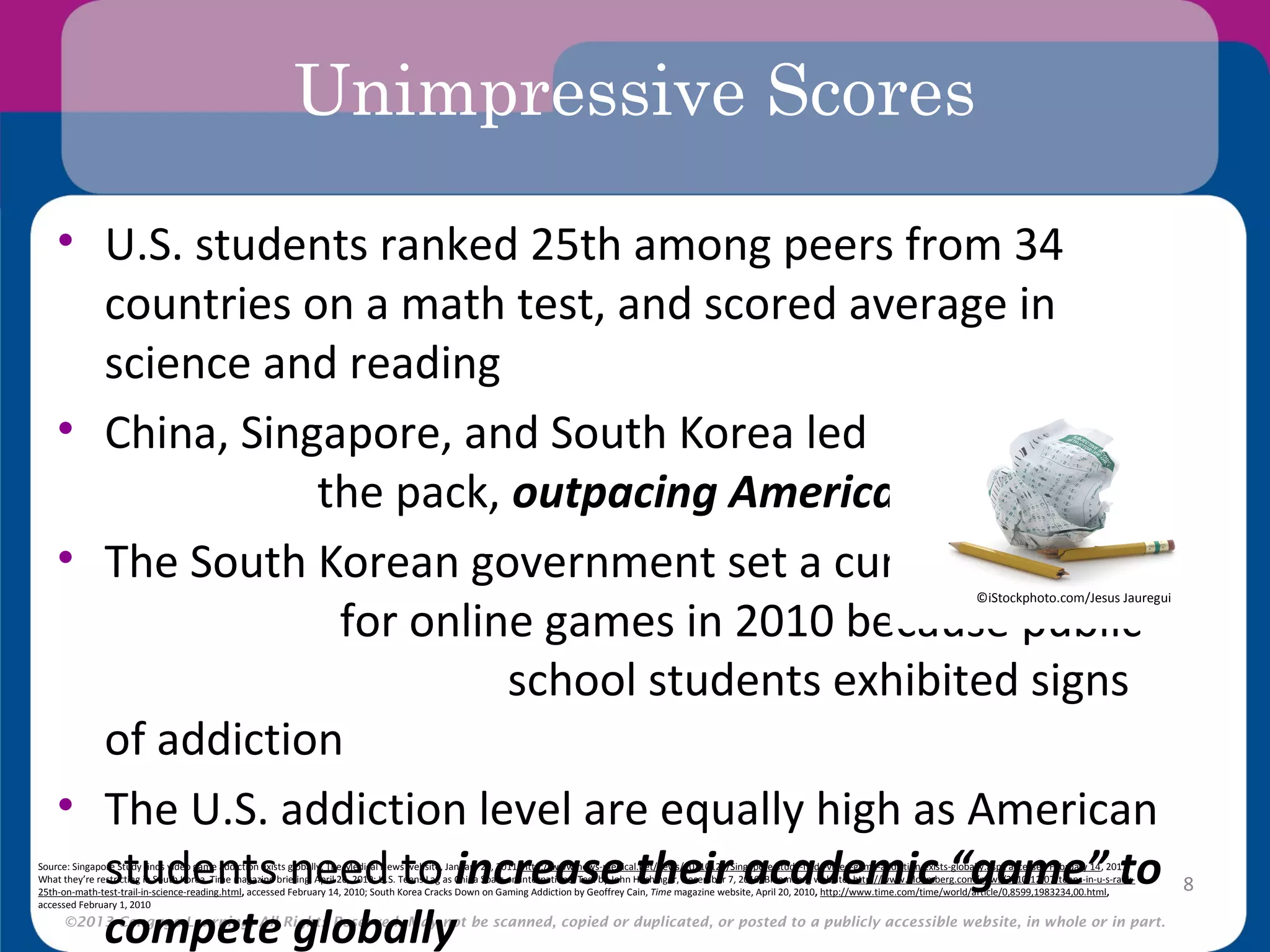 ©2013 Cengage Learning. All Rights Reserved. May not be scanned, copied or duplicated, or posted to a publicly accessible website, in whole or in part.
Unimpressive Scores
• U.S. students ranked 25th among peers from 34
countries on a math test, and scored average in
science and reading
• China, Singapore, and South Korea led
the pack, outpacing American students
• The South Korean government set a curfew
for online games in 2010 because public
school students exhibited signs
of addiction
• The U.S. addiction level are equally high as American
students need to increase their academic “game” to
compete globally
8
Source: Singapore Study finds video game addiction exists globally, The Medical News website, January 20, 2011, http://www.news-medical.net/news/20110120/Singapore-study-finds-video-game-addiction-exists-globally.aspx accessed February 14, 2011;
What they’re restricting in South Korea, Time magazine briefing, April 26, 2010; U.S. Teens Lag as China Soars on International Test by John Hechinger, December 7, 2010, Bloomberg website, http://www.bloomberg.com/news/2010-12-07/teens-in-u-s-rank-
25th-on-math-test-trail-in-science-reading.html, accessed February 14, 2010; South Korea Cracks Down on Gaming Addiction by Geoffrey Cain, Time magazine website, April 20, 2010, http://www.time.com/time/world/article/0,8599,1983234,00.html,
accessed February 1, 2010
©iStockphoto.com/Jesus Jauregui
 