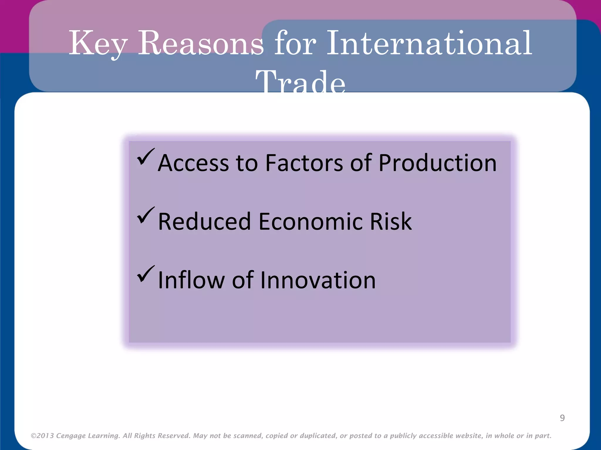 ©2013 Cengage Learning. All Rights Reserved. May not be scanned, copied or duplicated, or posted to a publicly accessible website, in whole or in part.
Key Reasons for International
Trade
9
Access to Factors of Production
Reduced Economic Risk
Inflow of Innovation
 