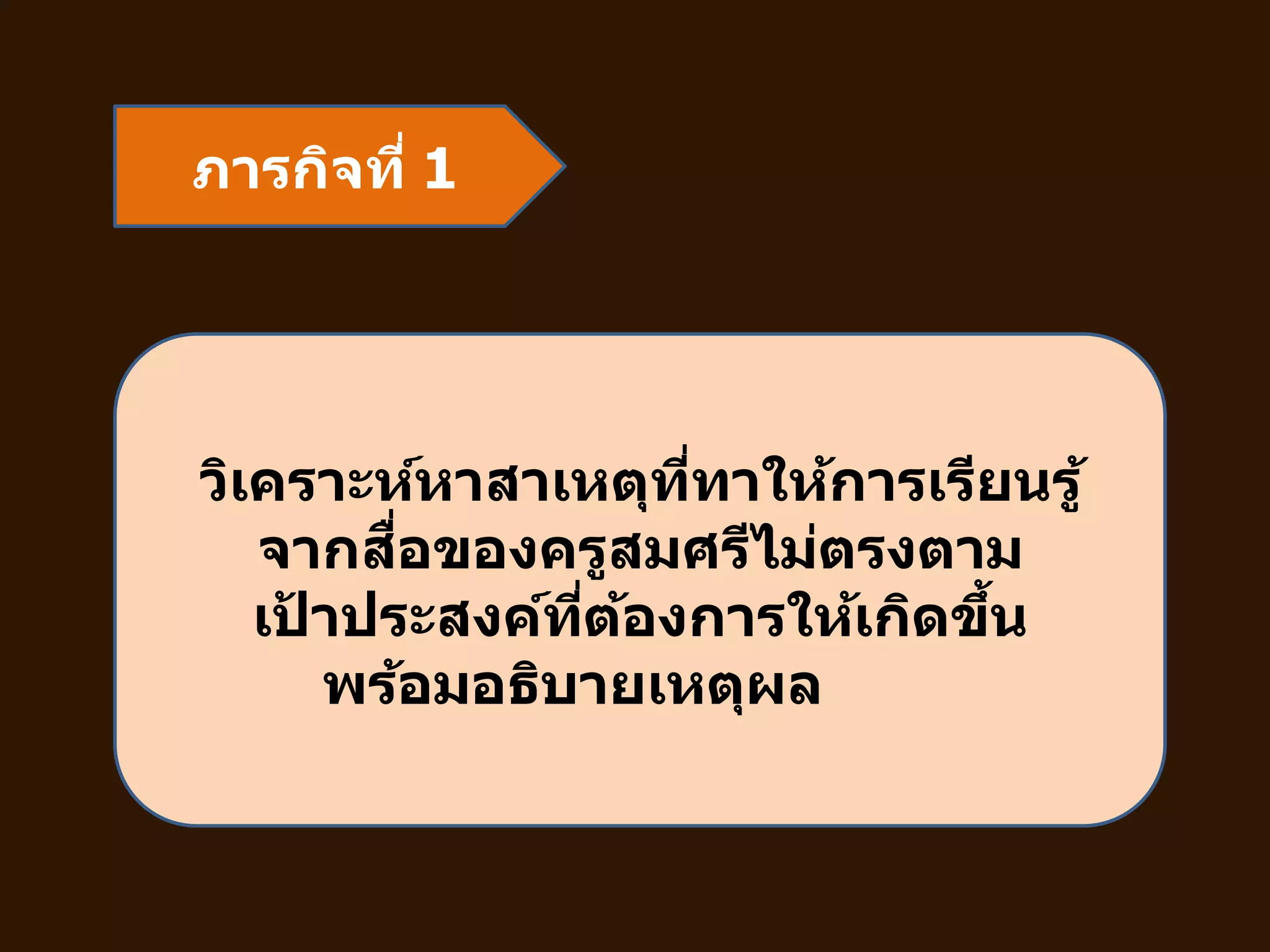 ภารกิจที่ 1
วิเคราะห์หาสาเหตุที่ทาให้การเรียนรู้
จากสื่อของครูสมศรีไม่ตรงตาม
เป้ าประสงค์ที่ต้องการให้เกิดขึ้น
พร้อมอธิบายเหตุผล
 