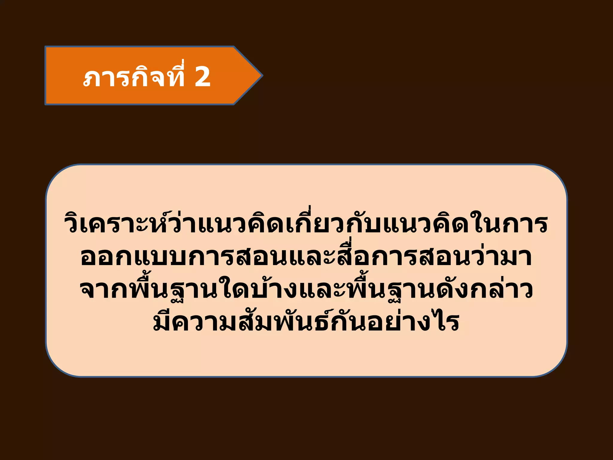 ภารกิจที่ 2
วิเคราะห์ว่าแนวคิดเกี่ยวกับแนวคิดในการ
ออกแบบการสอนและสื่อการสอนว่ามา
จากพื้นฐานใดบ้างและพื้นฐานดังกล่าว
มีความสัมพันธ์กันอย่างไร
 