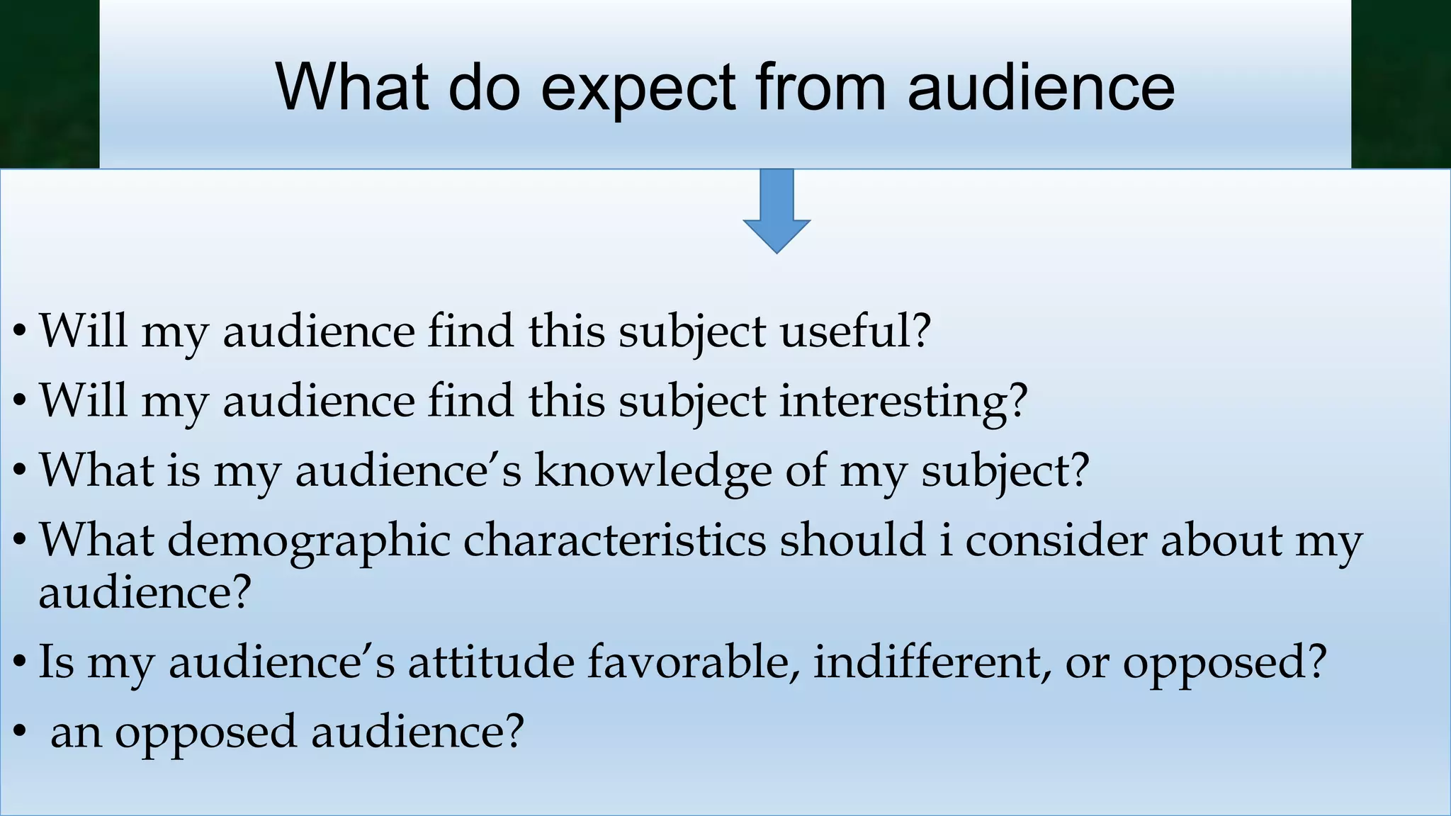What do expect from audience
• Will my audience find this subject useful?
• Will my audience find this subject interesting?
• What is my audience’s knowledge of my subject?
• What demographic characteristics should i consider about my
audience?
• Is my audience’s attitude favorable, indifferent, or opposed?
• an opposed audience?
 