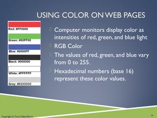 Copyright © Terry Felke-Morris
USING COLOR ON WEB PAGES
 Computer monitors display color as
intensities of red, green, and blue light
 RGB Color
 The values of red, green, and blue vary
from 0 to 255.
 Hexadecimal numbers (base 16)
represent these color values.
10
 