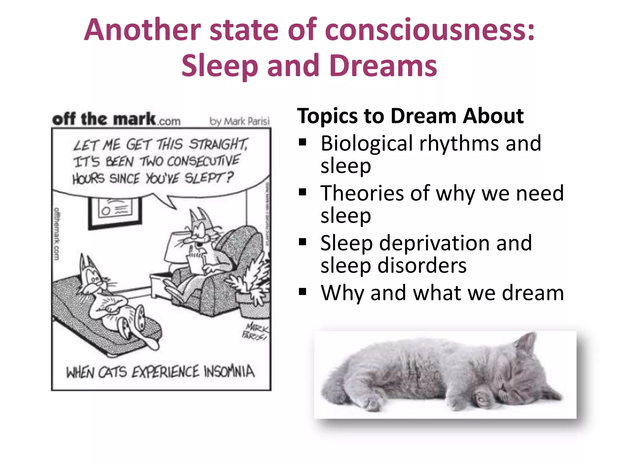 Another state of consciousness:
Sleep and Dreams
Topics to Dream About
 Biological rhythms and
sleep
 Theories of why we need
sleep
 Sleep deprivation and
sleep disorders
 Why and what we dream
 