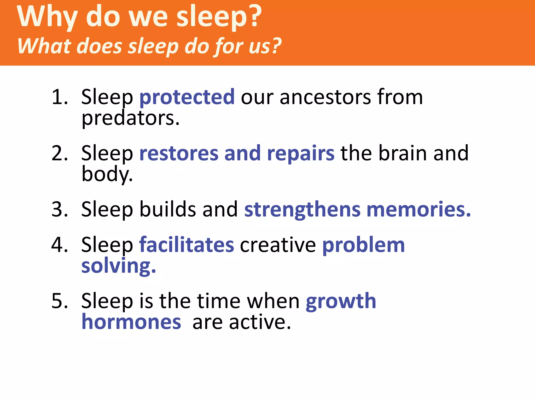 1. Sleep protected our ancestors from
predators.
2. Sleep restores and repairs the brain and
body.
3. Sleep builds and strengthens memories.
4. Sleep facilitates creative problem
solving.
5. Sleep is the time when growth
hormones are active.
Why do we sleep?
What does sleep do for us?
 
