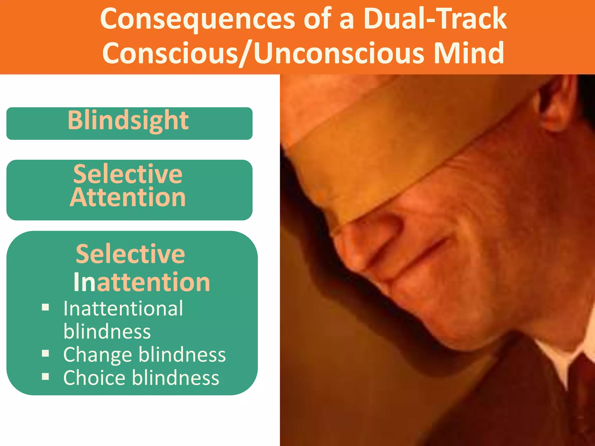 Consequences of a Dual-Track
Conscious/Unconscious Mind
Blindsight
Selective
Attention
Selective
Inattention
 Inattentional
blindness
 Change blindness
 Choice blindness
 