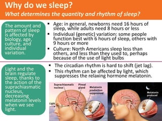 Why do we sleep?
What determines the quantity and rhythm of sleep?
The amount and
pattern of sleep
is affected by
biology, age,
culture, and
individual
variation.
 Age: in general, newborns need 16 hours of
sleep, while adults need 8 hours or less
 Individual (genetic) variation: some people
function best with 6 hours of sleep, others with
9 hours or more
 Culture: North Americans sleep less than
others, and less than they used to, perhaps
because of the use of light bulbs
Light and the
brain regulate
sleep, thanks to
the action of the
suprachiasmatic
nucleus,
decreasing
melatonin levels
when we see
light.
 The circadian rhythm is hard to shift (jet lag).
 This rhythm can be affected by light, which
suppresses the relaxing hormone melatonin.
 