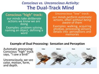 Conscious vs. Unconscious Activity:
The Dual-Track Mind
Conscious “high” track:
our minds take deliberate
actions we know we are
doing
Examples: problem solving,
naming an object, defining a
word
Unconscious “low” track:
our minds perform automatic
actions, often without being
aware of them
Examples: walking, acquiring
phobias, processing sensory
details into perceptions and
memories
Automatic processing:
Conscious “high” track
says, “I saw a bird!”
Unconsciously, we see
color, motion, form,
and depth.
Example of Dual Processing: Sensation and Perception
 