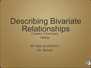 Describing Bivariate
RelationshipsChapter 3 Summary
YMS3e
AP Stats at CSHNYC
Ms. Namad
 