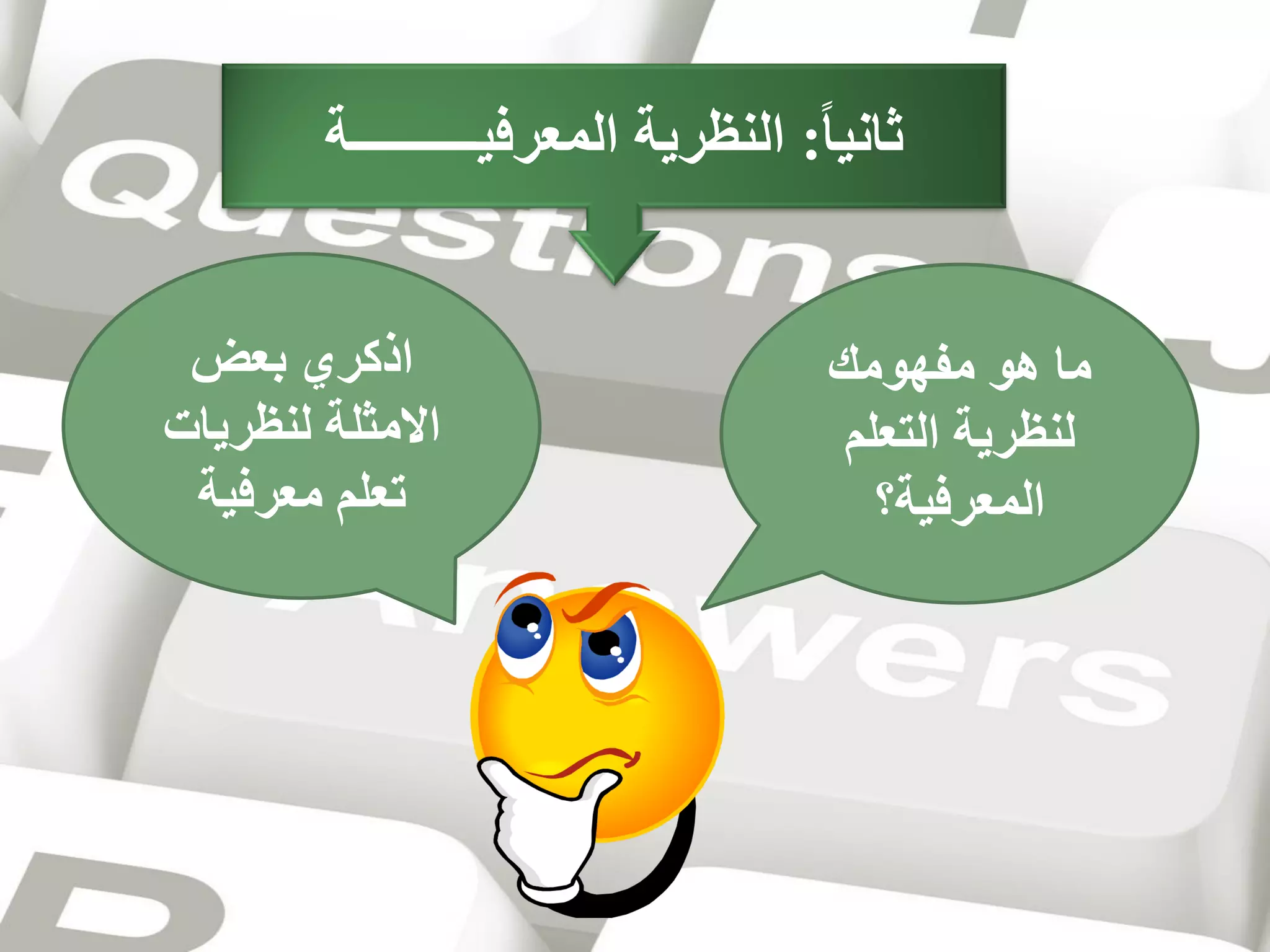 ‫ثانيا: النظرية المعرفيــــــــــة‬

‫ما هو مفهومك‬
‫لنظرية التعلم‬
‫المعرفية؟‬

‫اذكري بعض‬
‫االمثلة لنظريات‬
‫تعلم معرفية‬

 