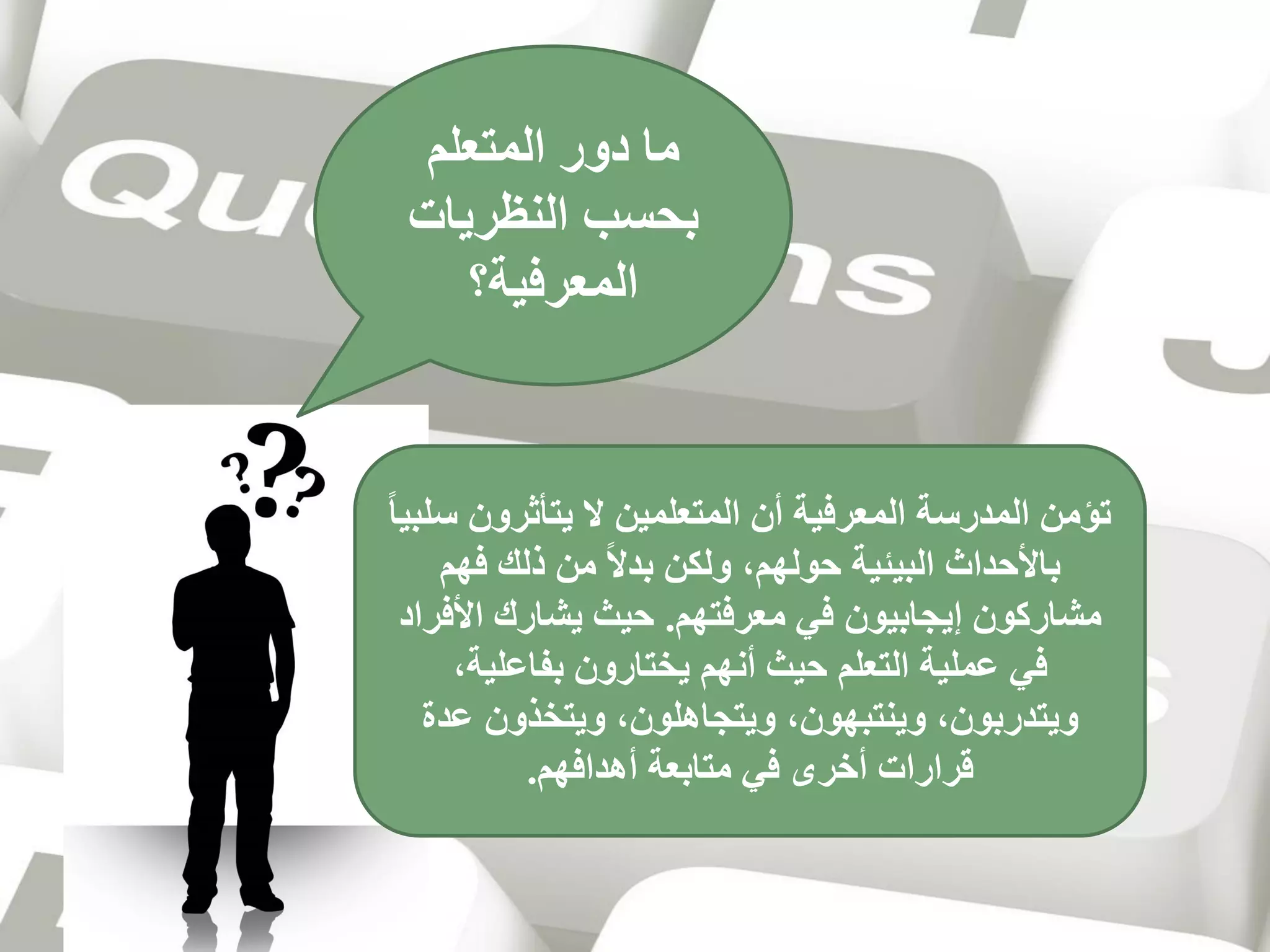 ‫ما دور المتعلم‬
‫بحسب النظريات‬
‫المعرفية؟‬

‫تؤمن المدرسة المعرفية أن المتعلمين ال يتأثرون سلبيا‬
‫باألحداث البيئية حولهم، ولكن بدال من ذلك فهم‬
‫مشاركون إيجابيون في معرفتهم. حيث يشارك األفراد‬
‫في عملية التعلم حيث أنهم يختارون بفاعلية،‬
‫ويتدربون، وينتبهون، ويتجاهلون، ويتخذون عدة‬
‫قرارات أخرى في متابعة أهدافهم.‬

 