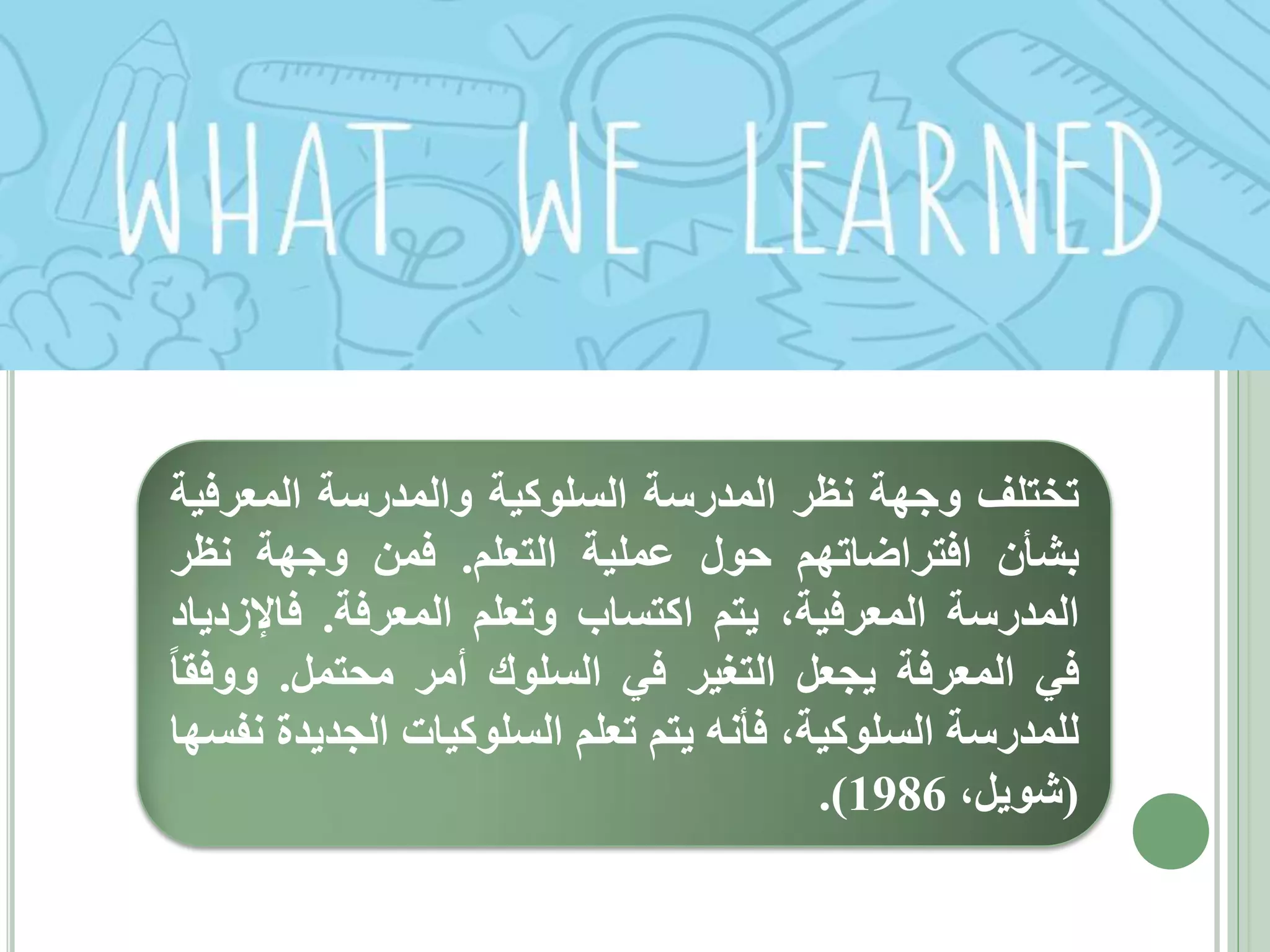 ‫تختلف وجهة نظر المدرسة السلوكية والمدرسة المعرفية‬
‫بشأن افتراضاتهم حول عملية التعلم. فمن وجهة نظر‬
‫المدرسة المعرفية، يتم اكتساب وتعلم المعرفة. فاإلزدياد‬
‫في المعرفة يجعل التغير في السلوك أمر محتمل. ووفقا‬
‫للمدرسة السلوكية، فأنه يتم تعلم السلوكيات الجديدة نفسها‬
‫(شويل، 6891).‬

 
