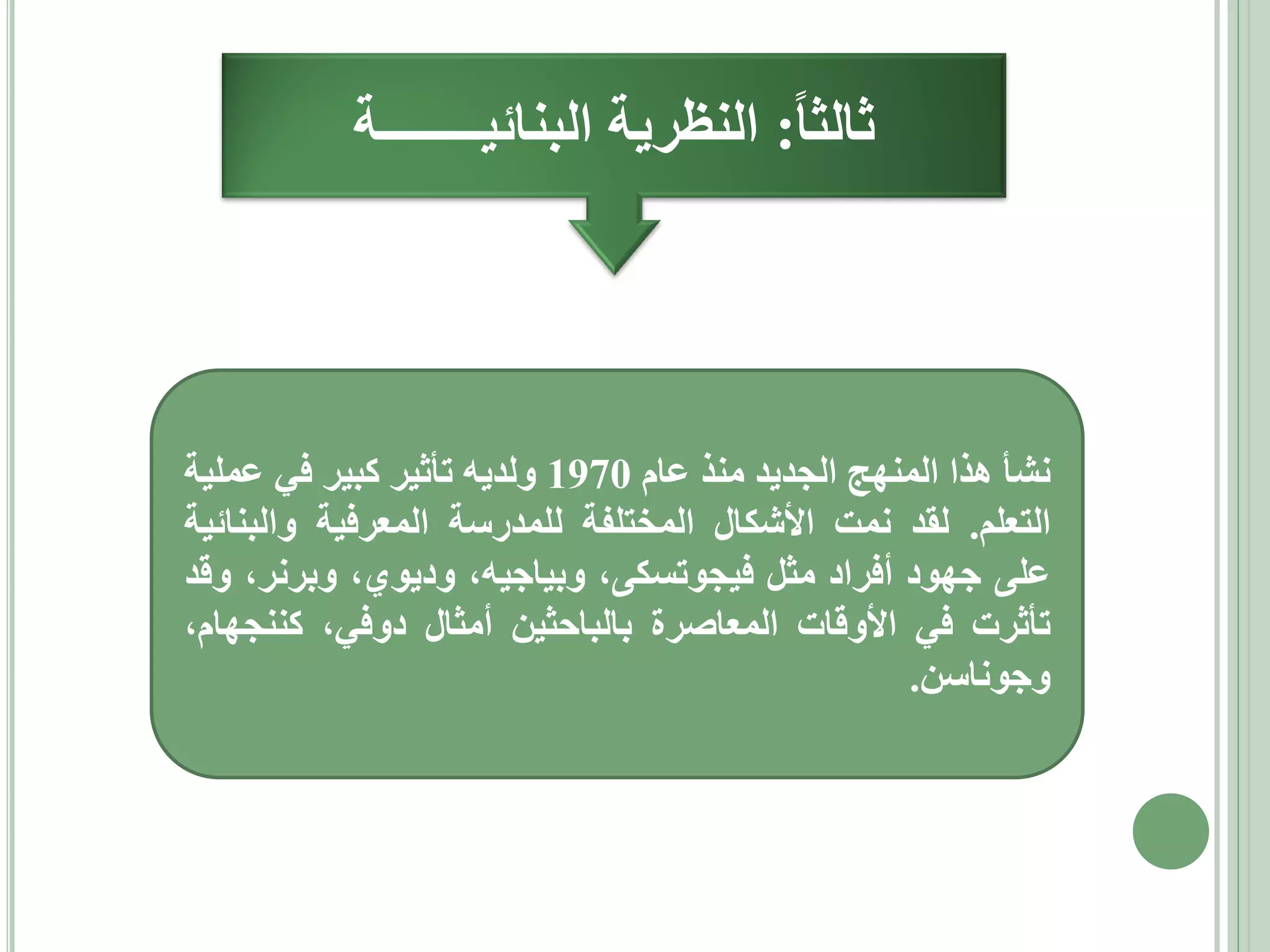 ‫ثالثا: النظرية البنائيــــــــة‬

‫نشأ هذا المنهج الجديد منذ عام 0791 ولديه تأثير كبير في عملية‬
‫التعلم. لقد نمت األشكال المختلفة للمدرسة المعرفية والبنائية‬
‫على جهود أفراد مثل فيجوتسكى، وبياجيه، وديوي، وبرنر، وقد‬
‫تأثرت في األوقات المعاصرة بالباحثين أمثال دوفي، كننجهام،‬
‫وجوناسن.‬

 