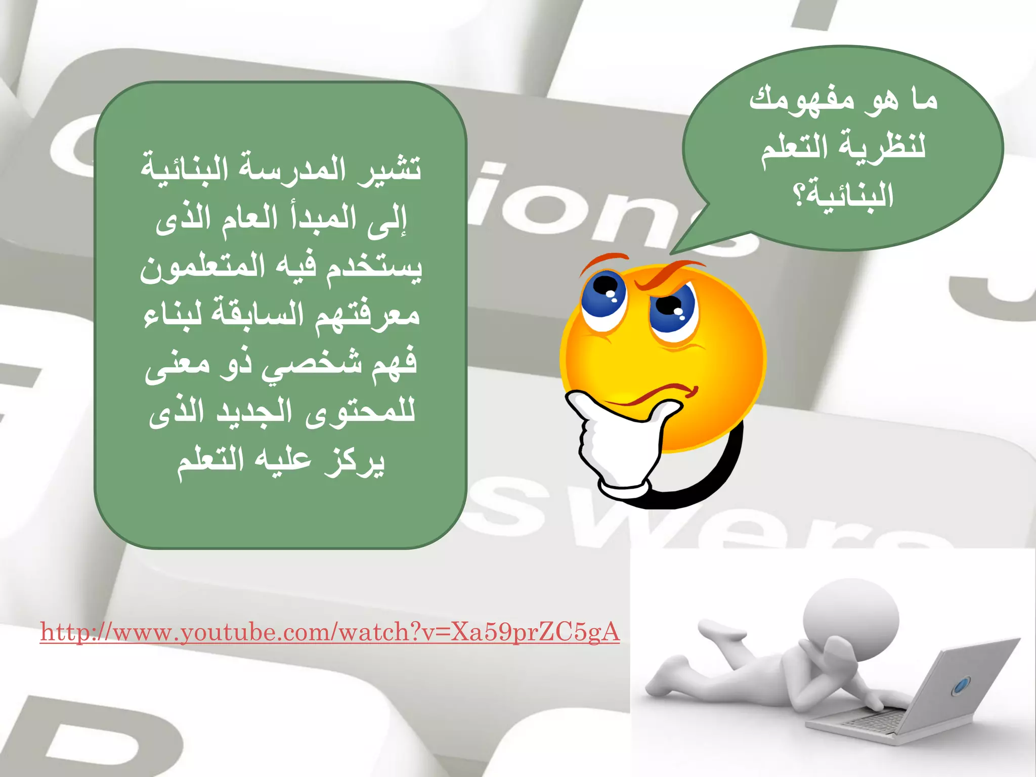 ‫ما هو مفهومك‬
‫لنظرية التعلم‬
‫البنائية؟‬

‫تشير المدرسة البنائية‬
‫إلى المبدأ العام الذى‬
‫يستخدم فيه المتعلمون‬
‫معرفتهم السابقة لبناء‬
‫فهم شخصي ذو معنى‬
‫للمحتوى الجديد الذى‬
‫يركز عليه التعلم‬

‫‪http://www.youtube.com/watch?v=Xa59prZC5gA‬‬

 