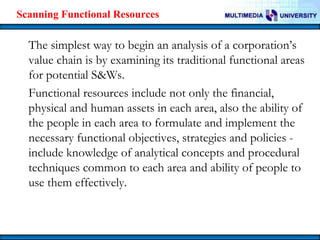 Scanning Functional Resources

The simplest way to begin an analysis of a corporation’s
value chain is by examining its traditional functional areas
for potential S&Ws.
Functional resources include not only the financial,
physical and human assets in each area, also the ability of
the people in each area to formulate and implement the
necessary functional objectives, strategies and policies include knowledge of analytical concepts and procedural
techniques common to each area and ability of people to
use them effectively.

 