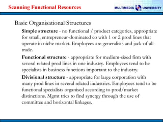 Scanning Functional Resources

Basic Organisational Structures
Simple structure - no functional / product categories, appropriate
for small, entrepreneur-dominated co with 1 or 2 prod lines that
operate in niche market. Employees are generalists and jack-of-alltrade.
Functional structure - appropriate for medium-sized firm with
several related prod lines in one industry. Employees tend to be
specialists in business functions important to the industry.
Divisional structure - appropriate for large corporation with
many prod lines in several related industries. Employees tend to be
functional specialists organised according to prod/market
distinctions. Mgmt tries to find synergy through the use of
committee and horizontal linkages.

 