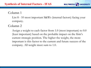 Synthesis of Internal Factors - IFAS

Column 1
List 8 - 10 most important S&Ws (internal factors) facing your
company.

Column 2
Assign a weight to each factor from 1.0 (most important) to 0.0
(least important) based on the probable impact on the firm’s
current strategic position. The higher the weight, the more
important is this factor to the current and future success of the
company. All weight must sum to 1.0.

 