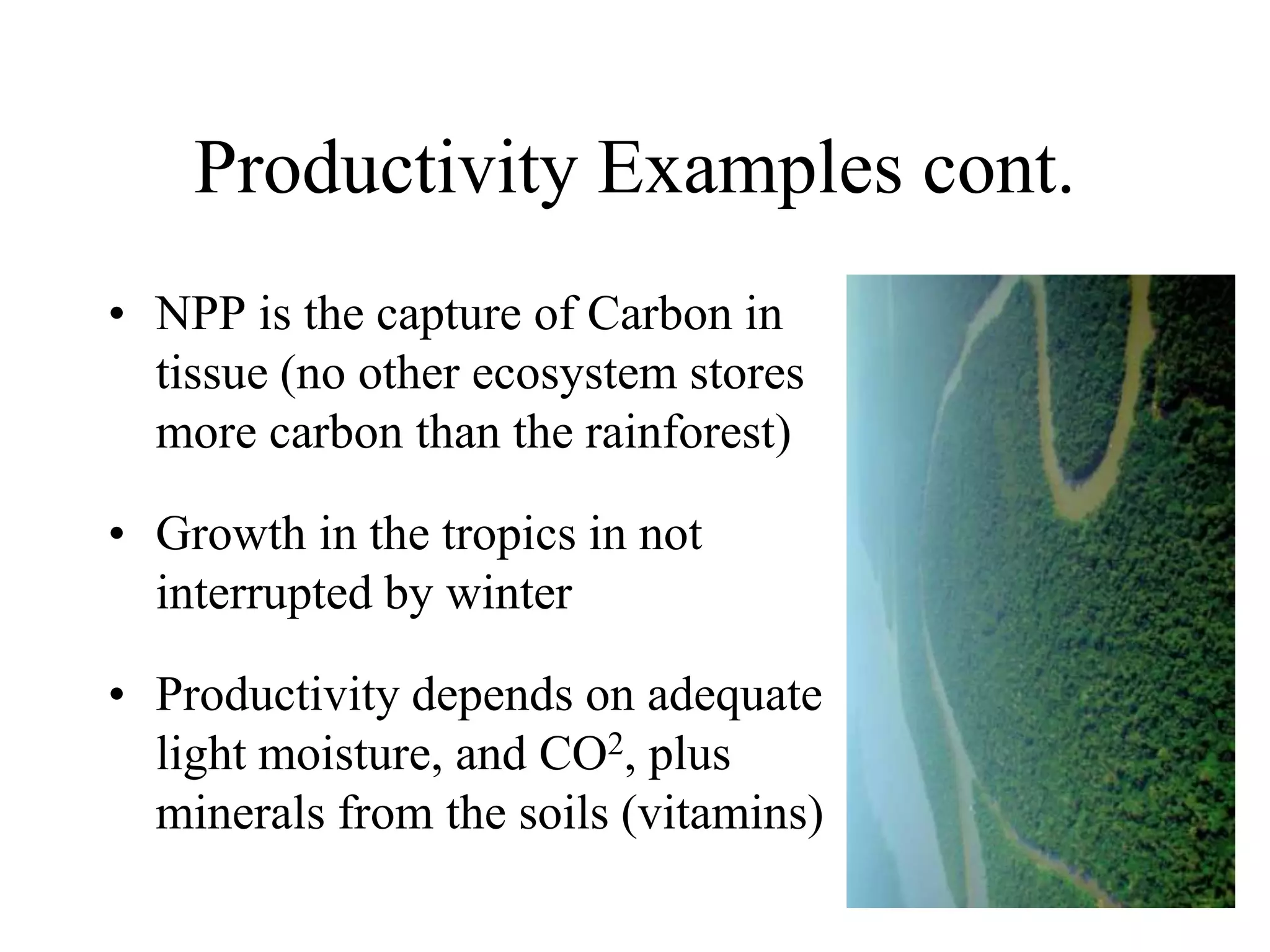 Productivity Examples cont.
• NPP is the capture of Carbon in
tissue (no other ecosystem stores
more carbon than the rainforest)
• Growth in the tropics in not
interrupted by winter
• Productivity depends on adequate
light moisture, and CO2, plus
minerals from the soils (vitamins)

 